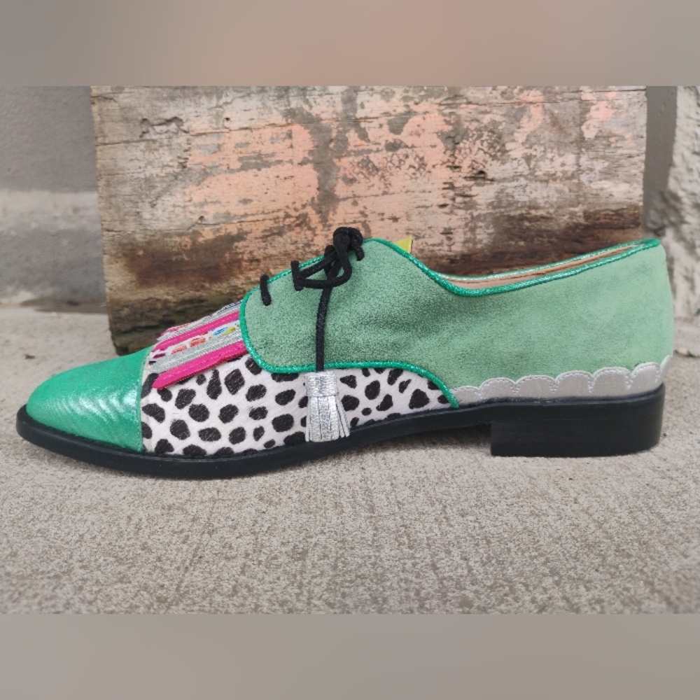 Green Multicolor Handmade Leather Suede Cow Print Oxford Fringe Shoes Size 6-8.5 - Picture 6 of 13